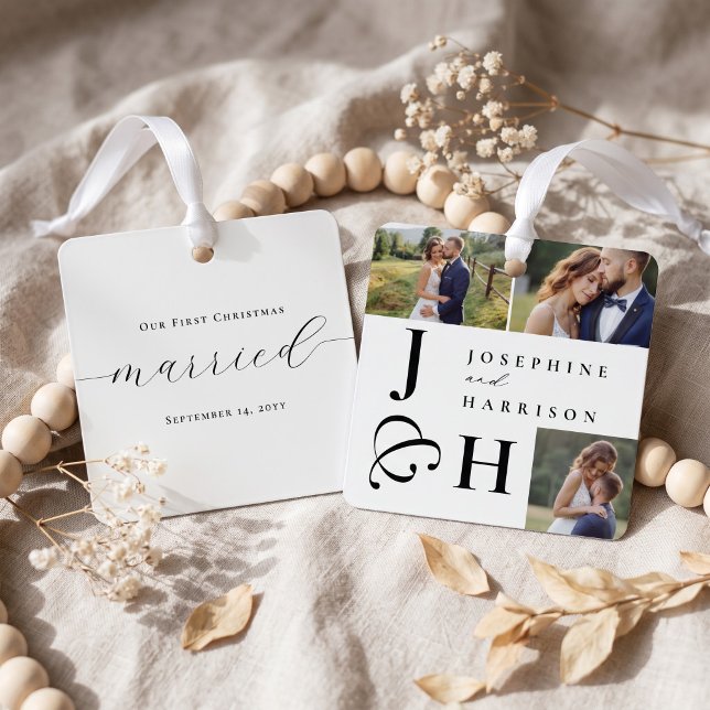 First Christmas Wedding Photo Monogram Keepsake Metal Tree Decoration (First Christmas Wedding Photo Monogram Keepsake Metal Ornament (Front & Back))