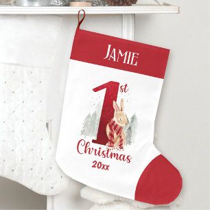 First Christmas Winter Bunny Baby Red Name Large Christmas Stocking