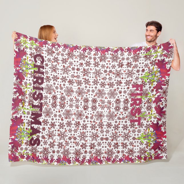 First Christmas Winter Snowflakes Magenta Colourfu Fleece Blanket (In Situ)