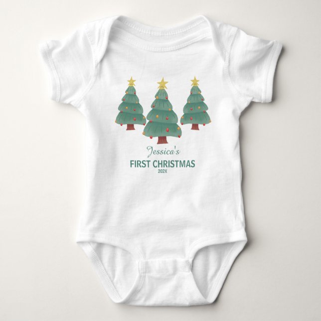First Christmas with Three Decorated Trees Baby Bodysuit (Front)