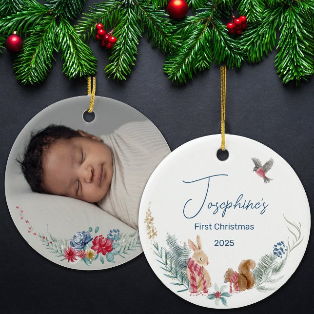 First Christmas Woodland Animal Baby Photo  Ceramic Tree Decoration (Creator Uploaded)