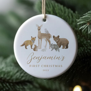 First Christmas Woodland Animals Baby Stats Ceramic Tree Decoration