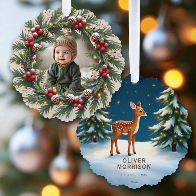 First Christmas Woodland Baby Deer Personalised Tree Decoration Card (Creator Uploaded)