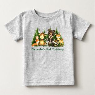First Christmas Woodland Forest Animals Gray Baby T-Shirt