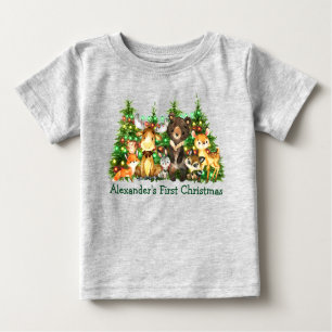 First Christmas Woodland Forest Animals Lights Baby T-Shirt