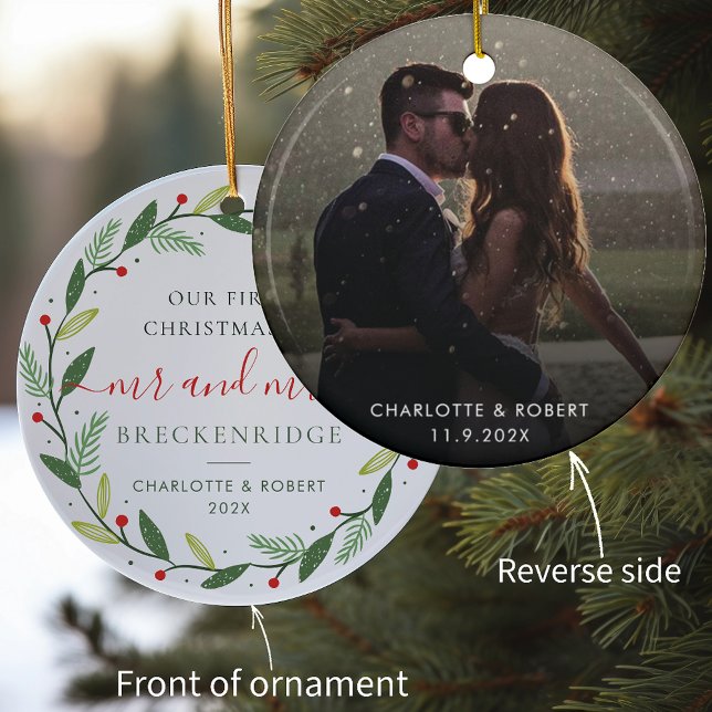 First Christmas Wreath Botanical Wedding Photo Ceramic Tree Decoration (Our First Christmas as Mr and Mrs Photo Botanical Wreath Circle Ornament )