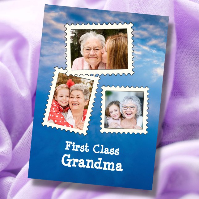 First Class Grandma Best Grandma 3 Photo Card (Creator Uploaded)