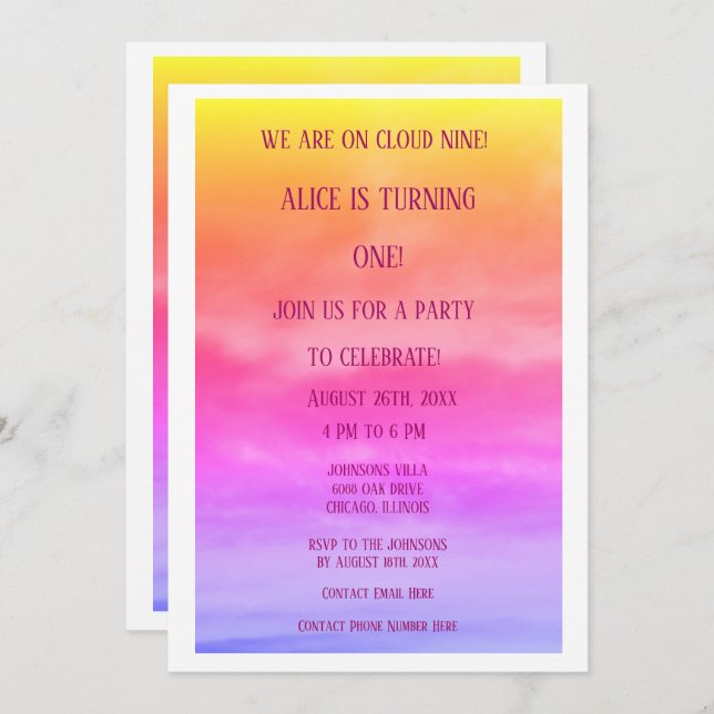 First Cloud Nine Birthday Party 1st Pink Colourful Invitation (Front/Back)