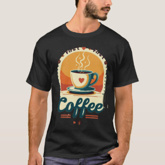 First Coffee | Vintage Sunset Retro Heart Coffee T-Shirt