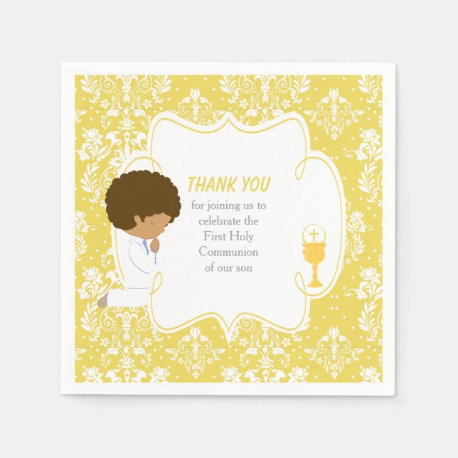 First Communion African American Gold Damask Napkin (Front)