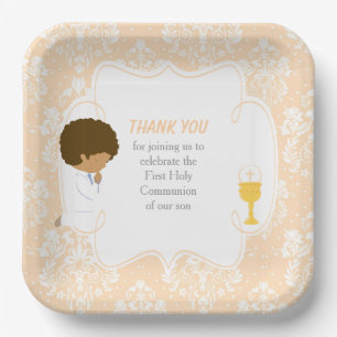 First Communion African American Peach Damask Paper Plate