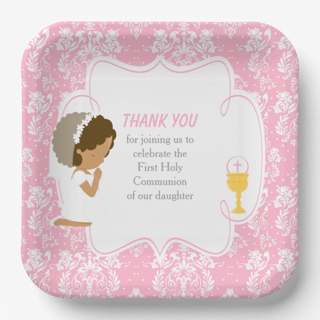 First Communion African American Pink Damask Paper Plate (Front)