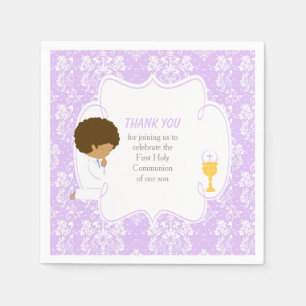 First Communion African American Purple Damask Napkin