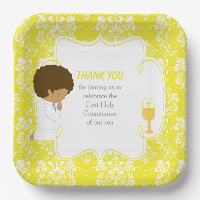 First Communion African American Yellow Damask Paper Plate (Front)