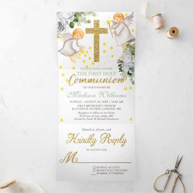 First Communion Angels Gold Gender Neutral Tri-Fold Invitation (Inside)