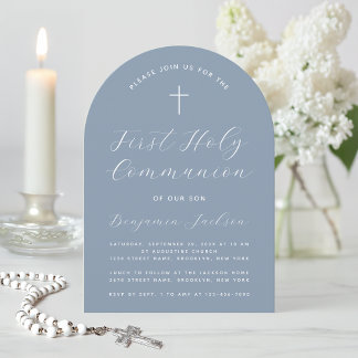 First Communion Arch Dusty Blue Modern Script Invitation