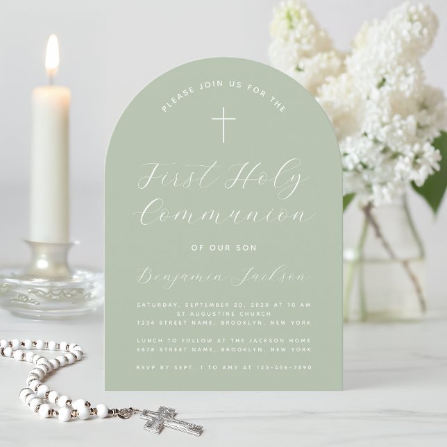 First Communion Arch Sage Green Modern Handwriting Invitation (Creator Uploaded)