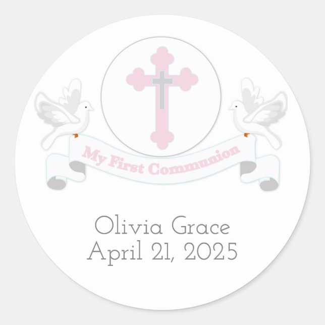 First Communion Banner with Doves Classic Round Sticker (Front)