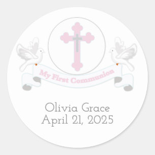 First Communion Banner with Doves Classic Round Sticker