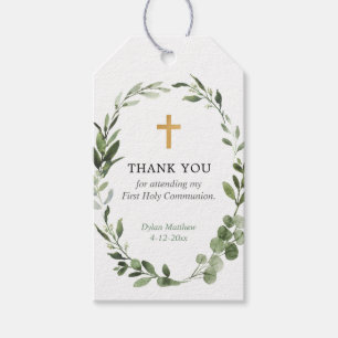 First Communion baptism gold greenery favour tags