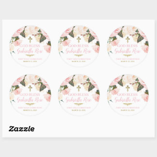 First Communion & Baptism, Pink Floral Gold Classic Round Sticker