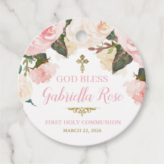 First Communion & Baptism, Pink Floral Gold Favour Tags