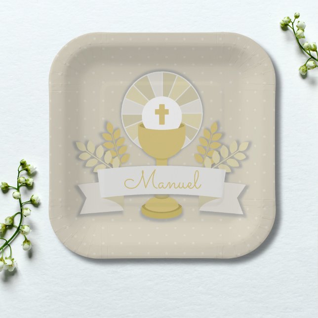 First communion, beige first communion paper plate (Creator Uploaded)