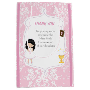First Communion Black Hair Girl Thank You Medium Gift Bag