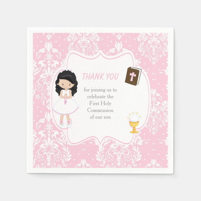 First Communion Black Hair Girl Thank You Napkin (Front)