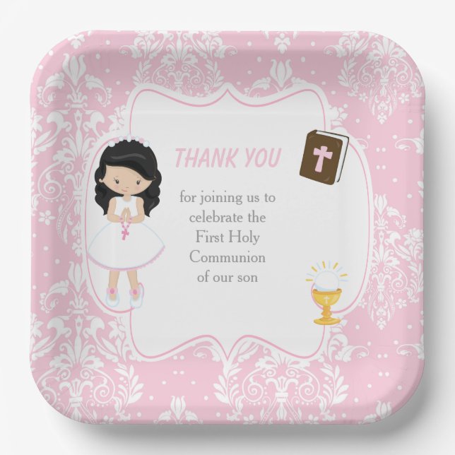 First Communion Black Hair Girl Thank You Paper Plate (Front)