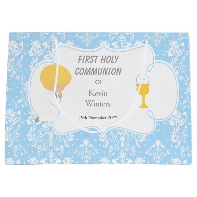 First Communion Blonde Boy Blue Damask Large Gift Bag (Front)
