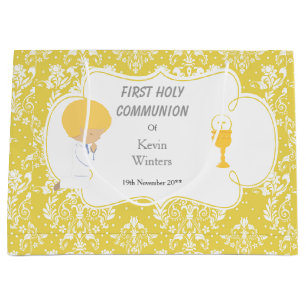 First Communion Blonde Boy Gold Damask Large Gift Bag