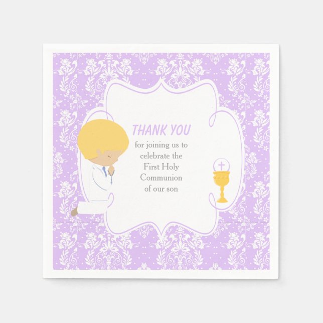 First Communion Blonde Boy Purple Damask Napkin (Front)