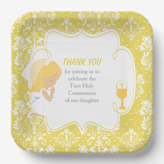 First Communion Blonde Girl Gold Damask Paper Plate (Front)