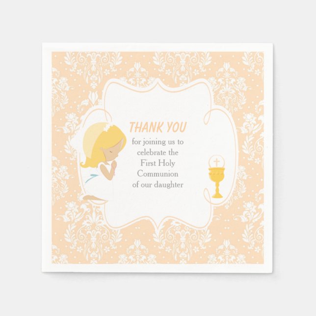 First Communion Blonde Girl Peach Damask Napkin (Front)