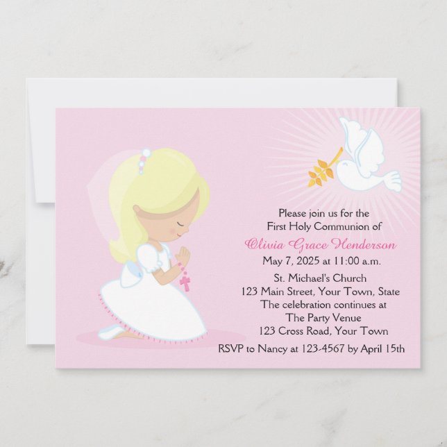 First Communion, Blonde Girl, Pink Invitation (Front)