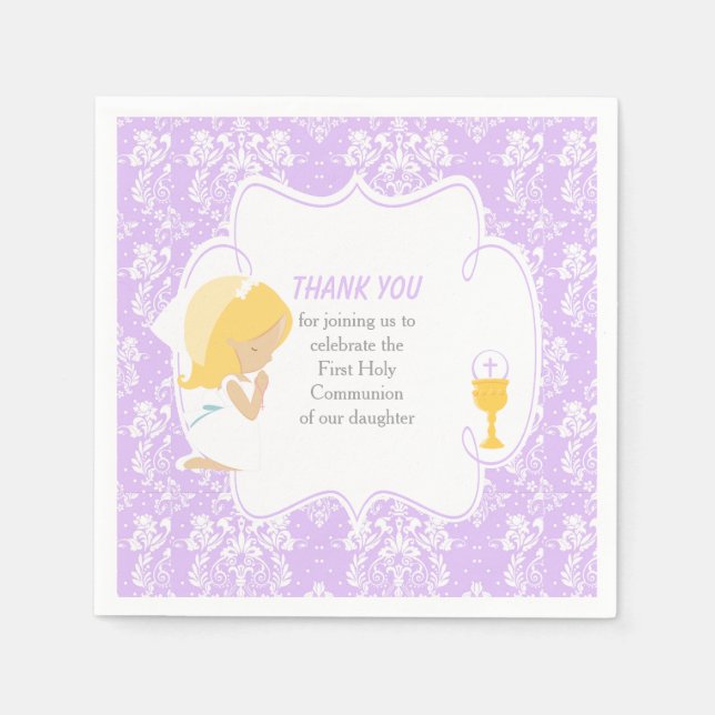 First Communion Blonde Girl Purple Damask Napkin (Front)