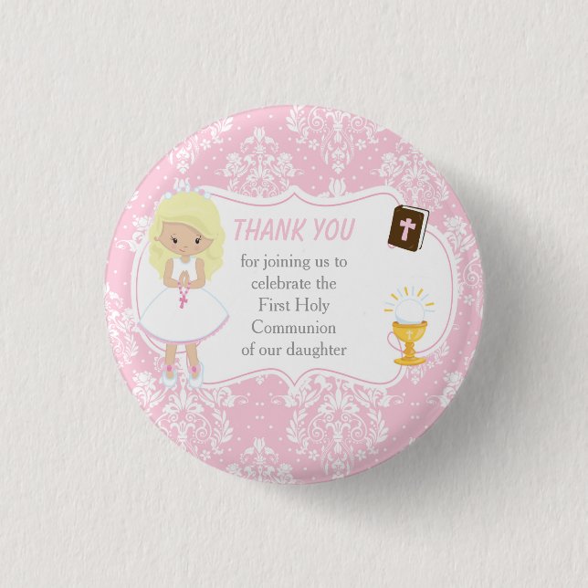 First Communion Blonde Hair Girl Thank You 3 Cm Round Badge (Front)