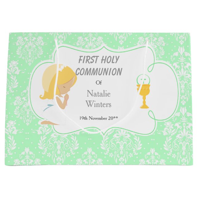First Communion Blonde Hair Girl Thank You Large Gift Bag (Front)