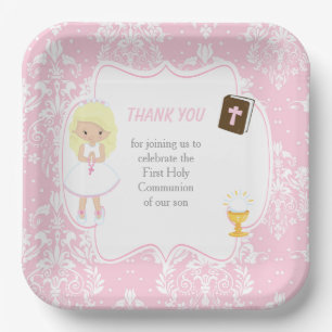 First Communion Blonde Hair Girl Thank You Paper Plate