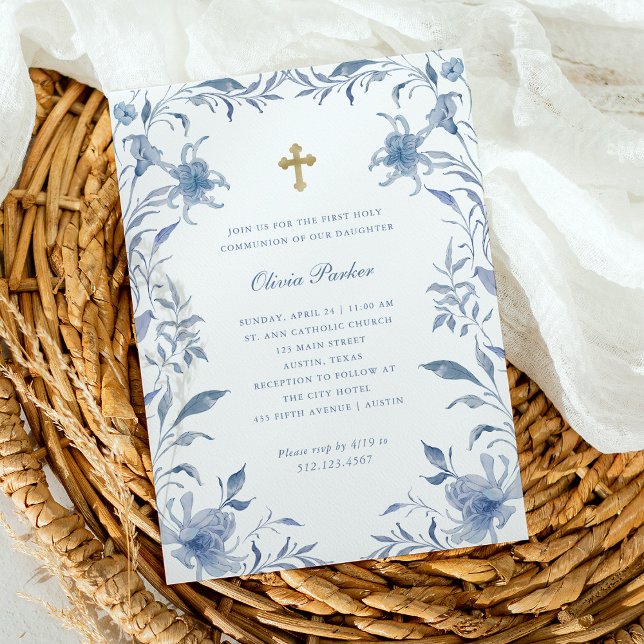 First Communion Blue and White Floral Chinoiserie Invitation (Creator Uploaded)