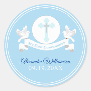 First Communion Blue Classic Round Sticker