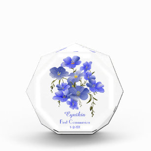 First Communion Blue Flowers Personalised Photo Block