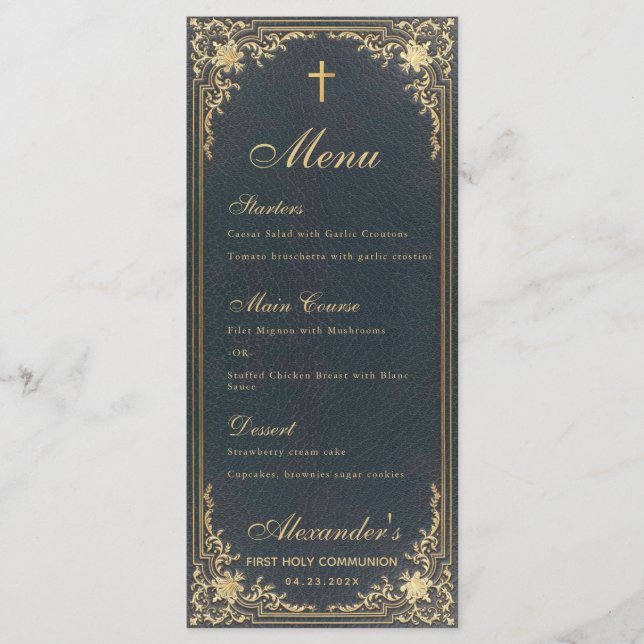First Communion Blue Gold Vintage Elegant Boy Menu (Front)