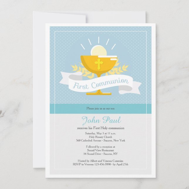 First Communion Blue Polkadot Invitation (Front)