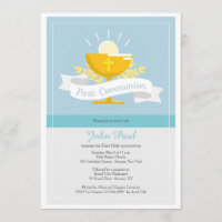 First Communion Blue Polkadot Invitation