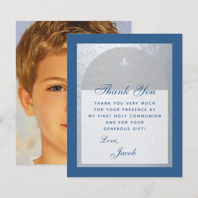 First Communion Blue Silver Budget Thank You Card (Front/Back)