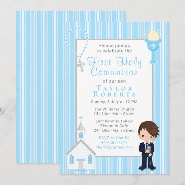 First Communion Blue Stripes Brown Hair Boy Invita Invitation (Front/Back)