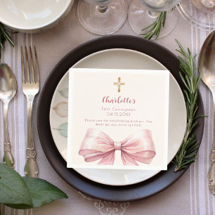 First Communion blush pink bow cream cross Napkin