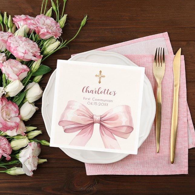 First Communion blush pink bow cream cross Napkin (Creator Uploaded)